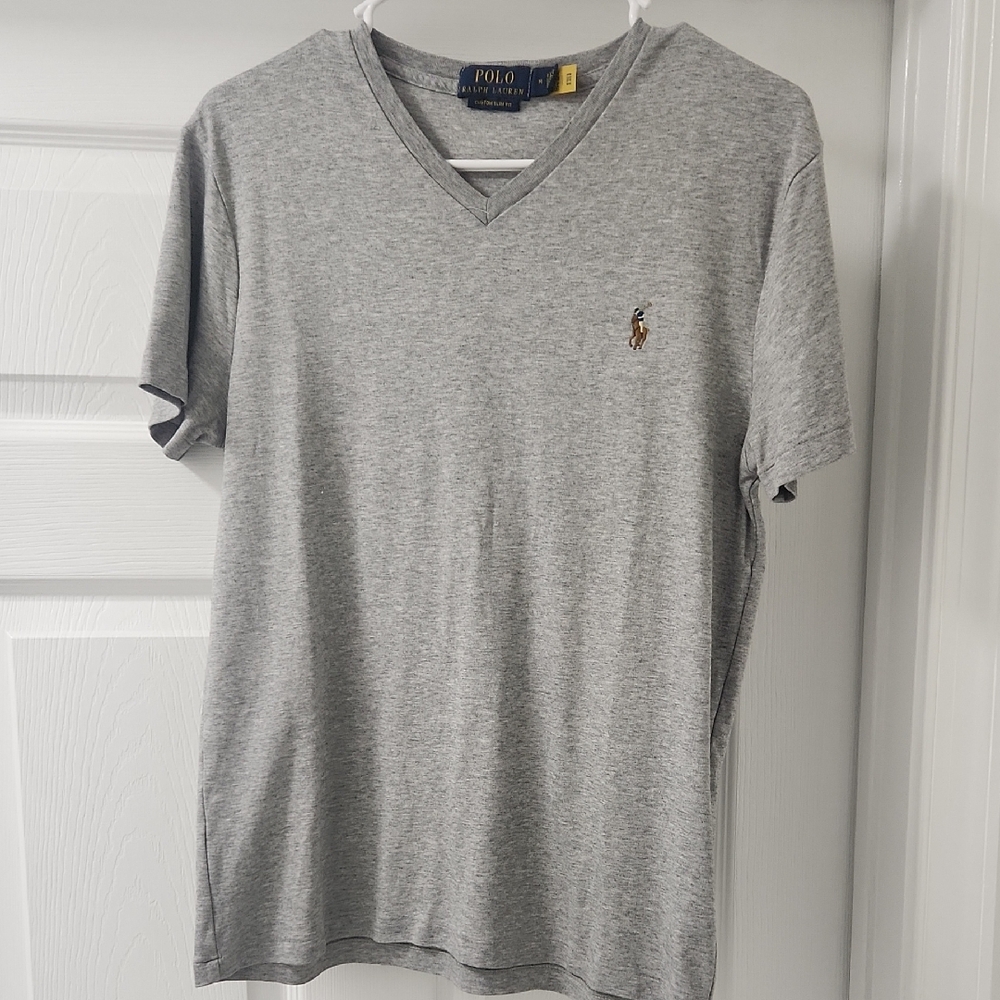 Polo by Ralph Lauren Gray Short Sleeve V-Neck Casual Custom Slim Fit Cotton Tee